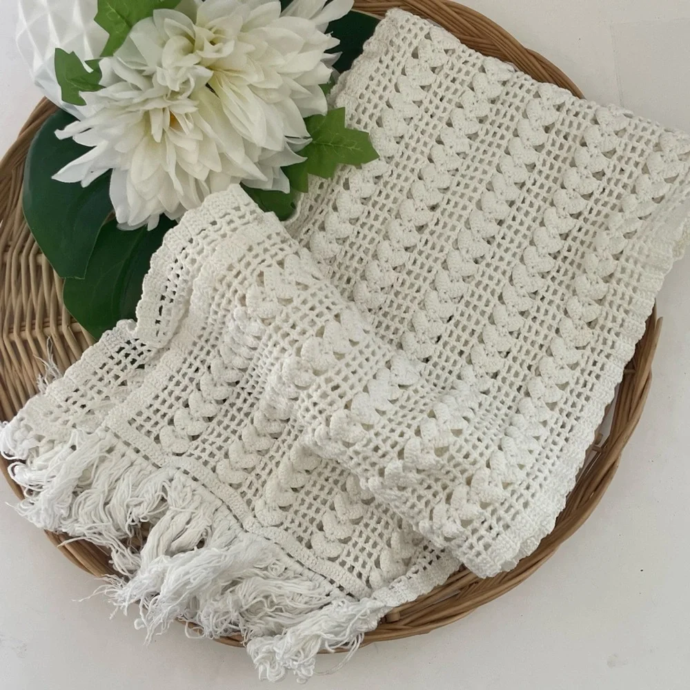 Bohemian handmade crochet scarf heart design fringed tassel detailing